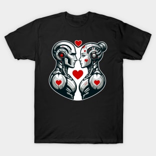 Robot Couple Love T-Shirt, Cute Cyber Romance Graphic Tee, Unisex Adult Sci-Fi Shirt, Valentine's Day Gift Idea T-Shirt